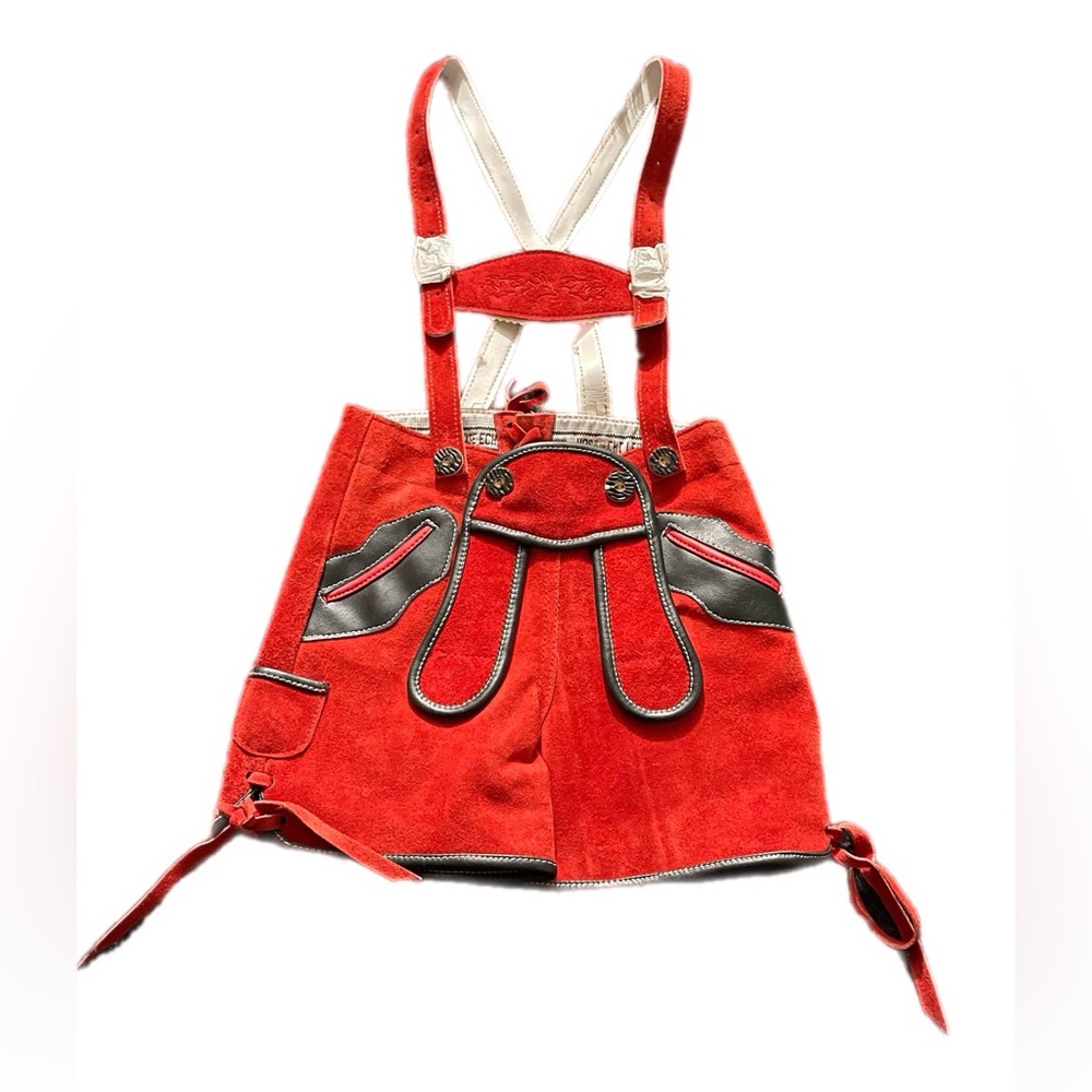 Lederhosen Original Steindl. Munchen - Saltzburg. Size 32. Red Embroidered Ties